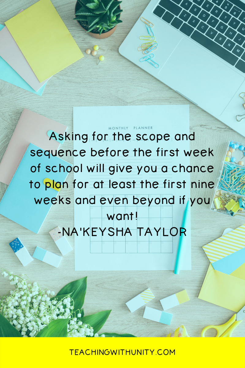 desk with office supplies and planner and how a scope and sequence can help a teacher plan for the school year