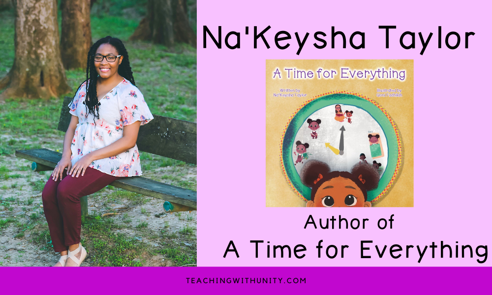 Na'Keysha sitting on a park bench with her hair in twists wearing glasses and the front cover of A Time for Everything